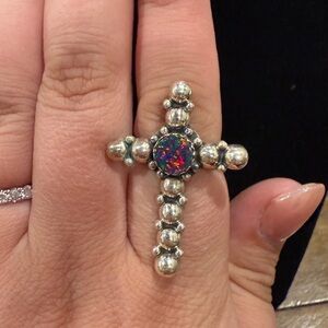 Sterling Silver Cross Ring with Opal Center